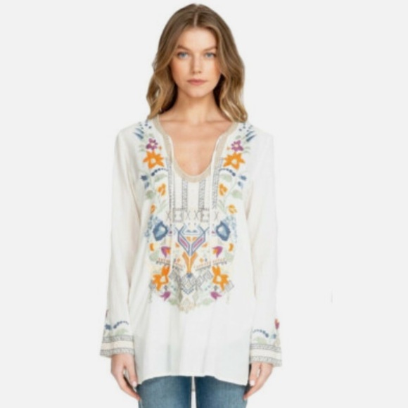 Johnny Was White Tunic with Colorful Embroidery